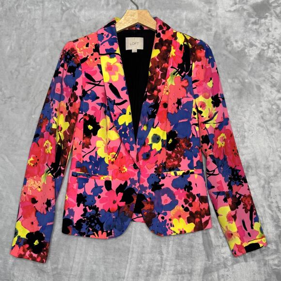 Ann Taylor LOFT Blazer Womens XS Pink Multi Floral Print Lined Jacket Colorful - Picture 1 of 8